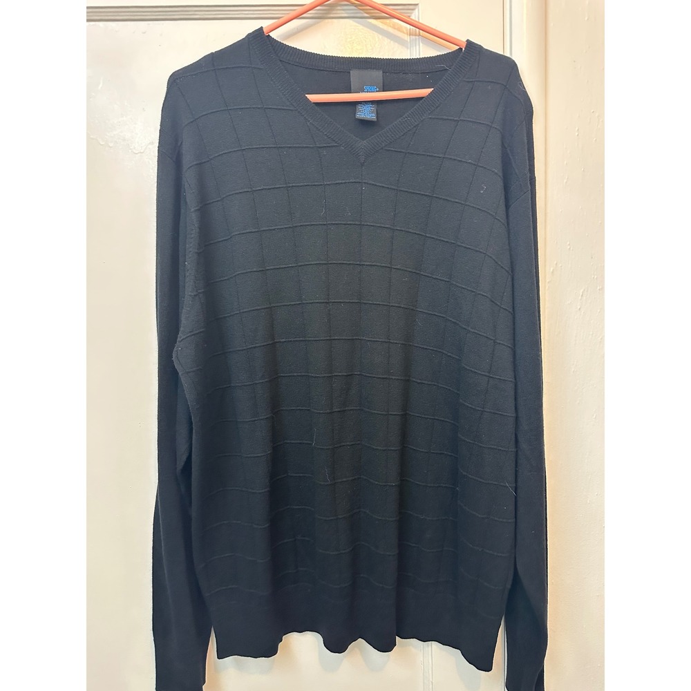 Spring & Mercer Mens XL Black V-Neck Sweater Silk Wool Bamboo Tencel Grid Knit